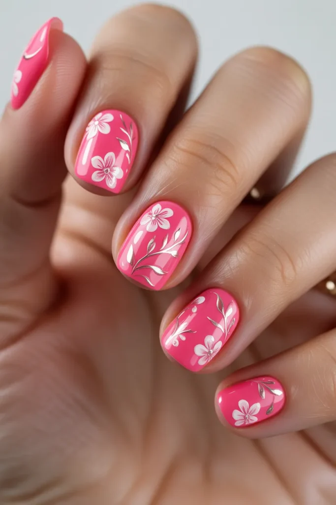 Neon pink nails with delicate white floral patterns