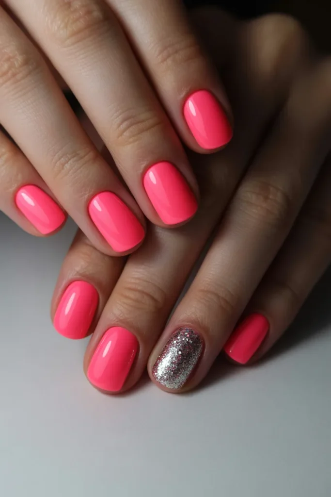 Neon pink nails with one glittery silver accent nail