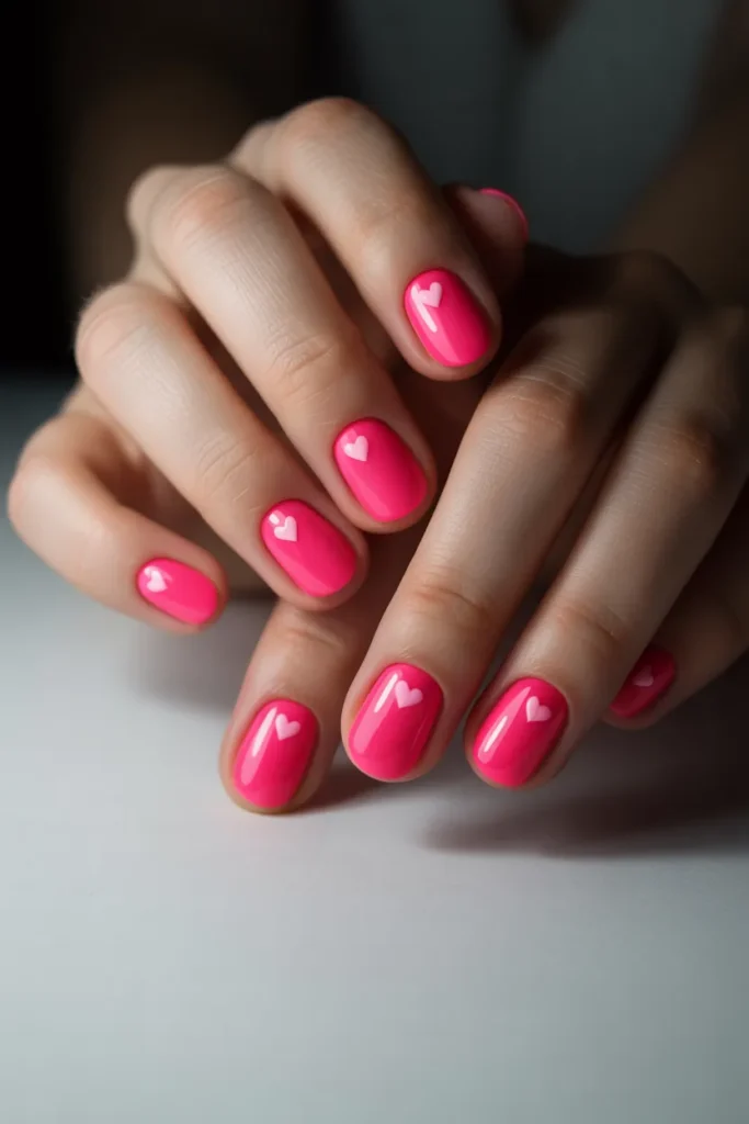 Neon pink nails with tiny heart accents