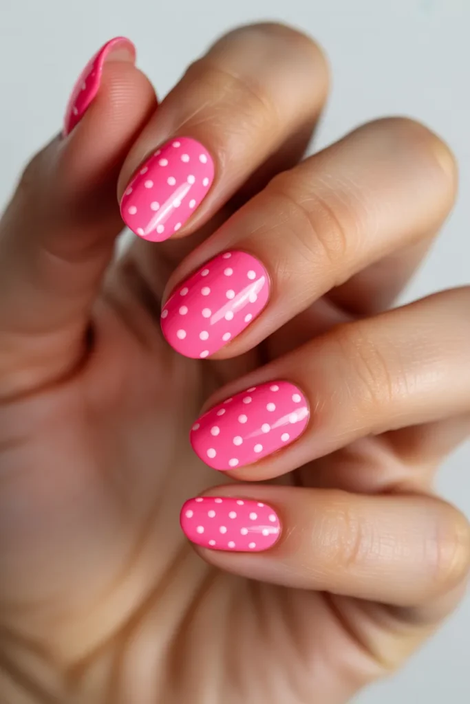 Neon pink nails with tiny white polka dots