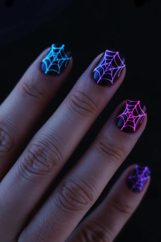 Neon spider web nails