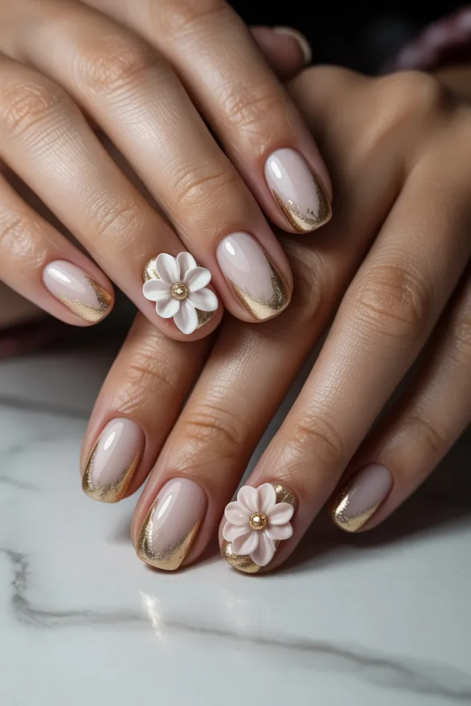 Neutral nails with 3D flowers and gold foil accents