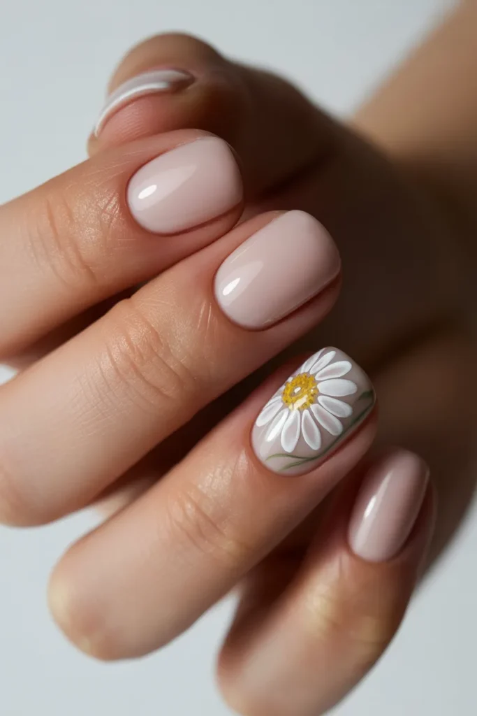 Neutral nails with one accent nail featuring a detailed daisy design