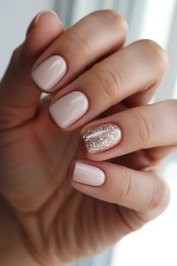 Neutral nails with one glitter accent nail