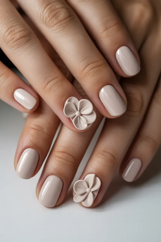 Neutral nails with one or two nails featuring 3D flowers