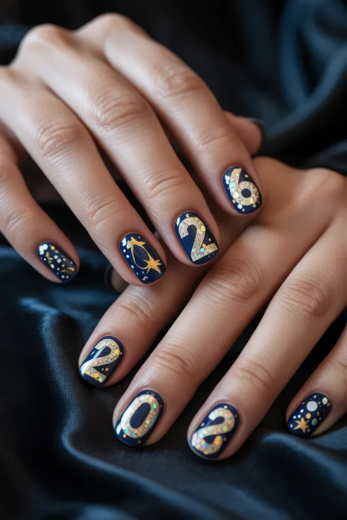 New Year number nail art, glitter digits, festive nails