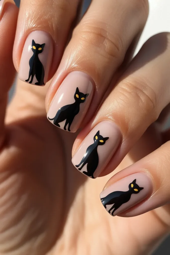 Nude base nails with black cat silhouettes and yellow eyes