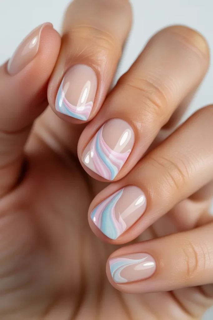 Nude base with pastel swirl patterns in pink and blue