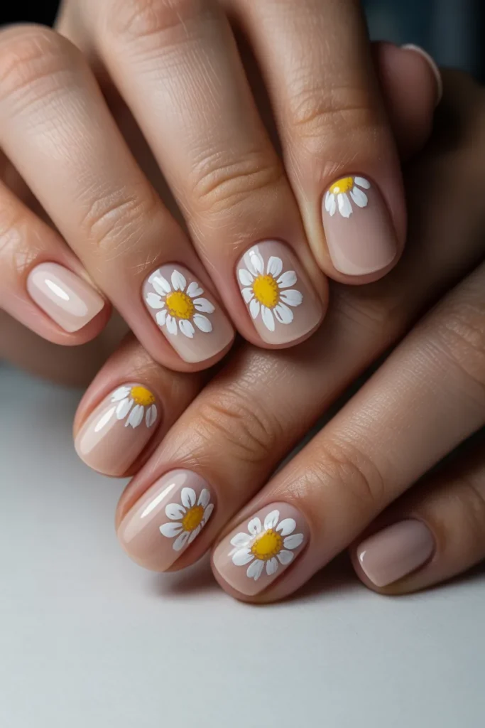 Nude base with small white daisy flowers and yellow centers on short nails