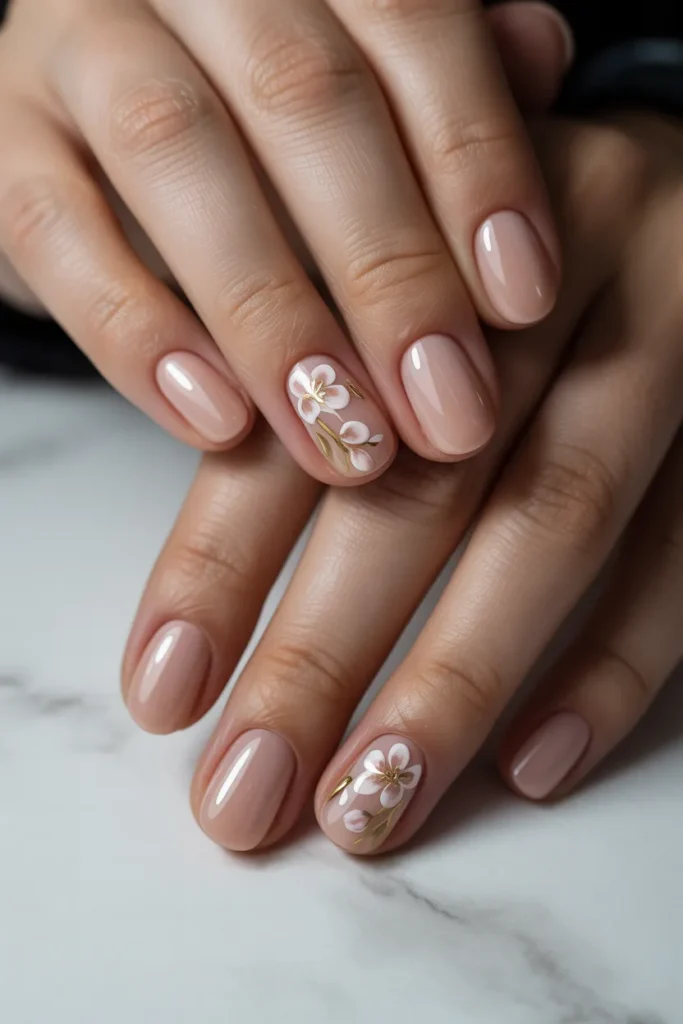 Nude gel nails with floral accent ring finger