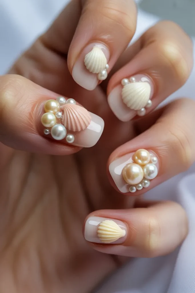Nude nails with 3D seashell art and pearls