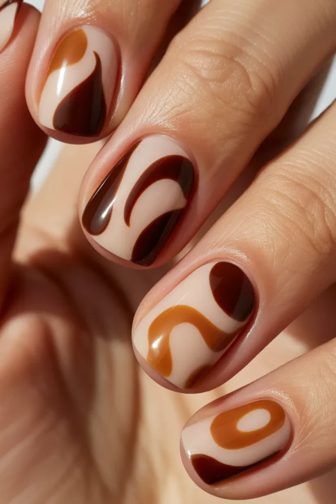 Nude nails with abstract brown shapes and curves