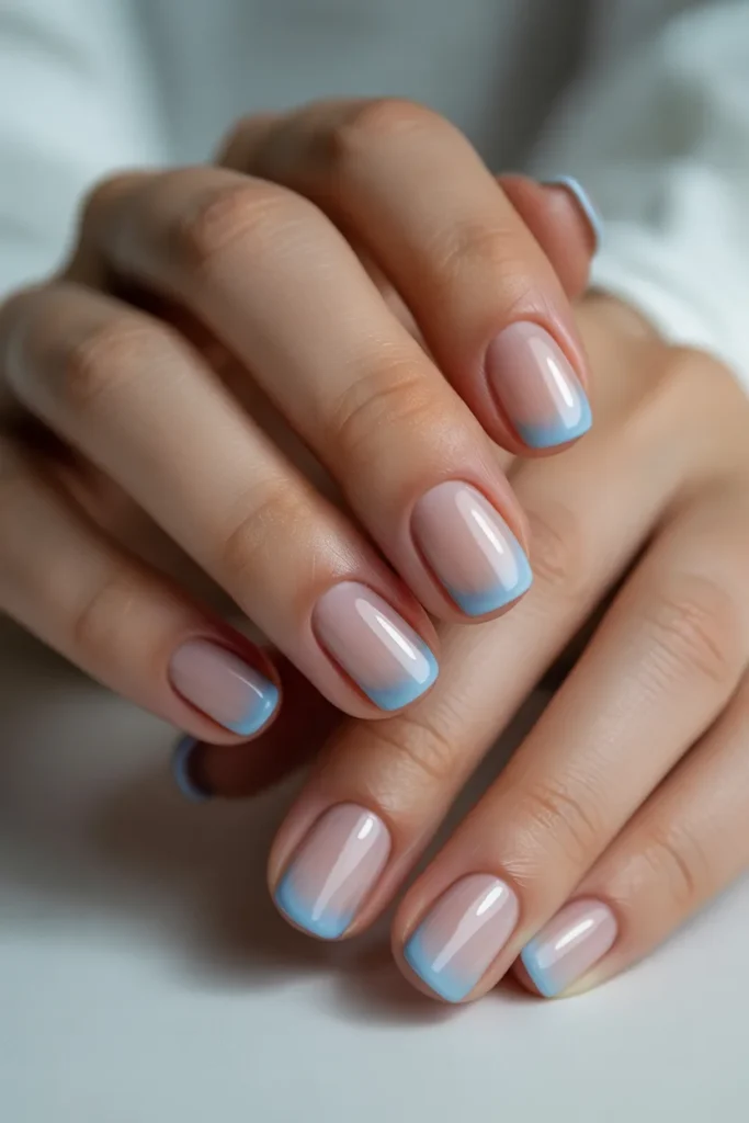 Nude nails with baby blue faded tips