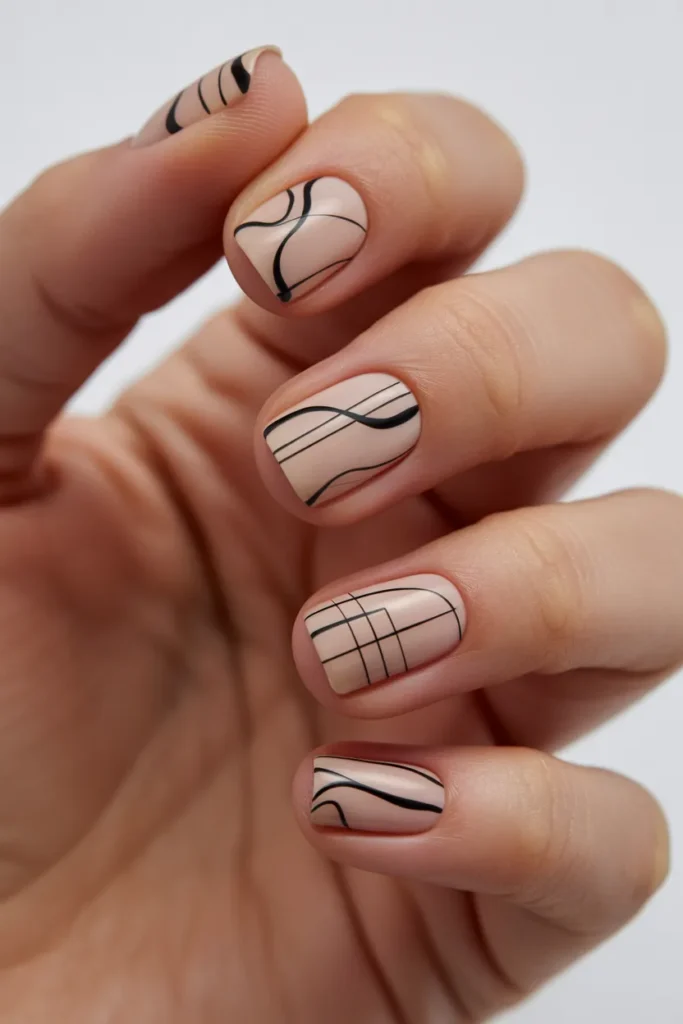 Nude nails with black abstract line art