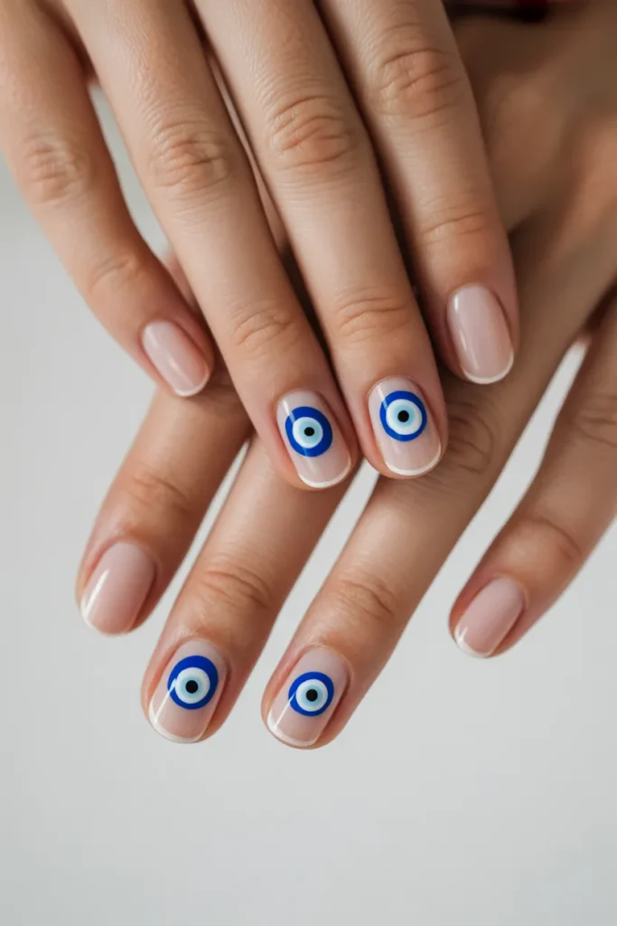 Nude nails with blue evil eye symbols