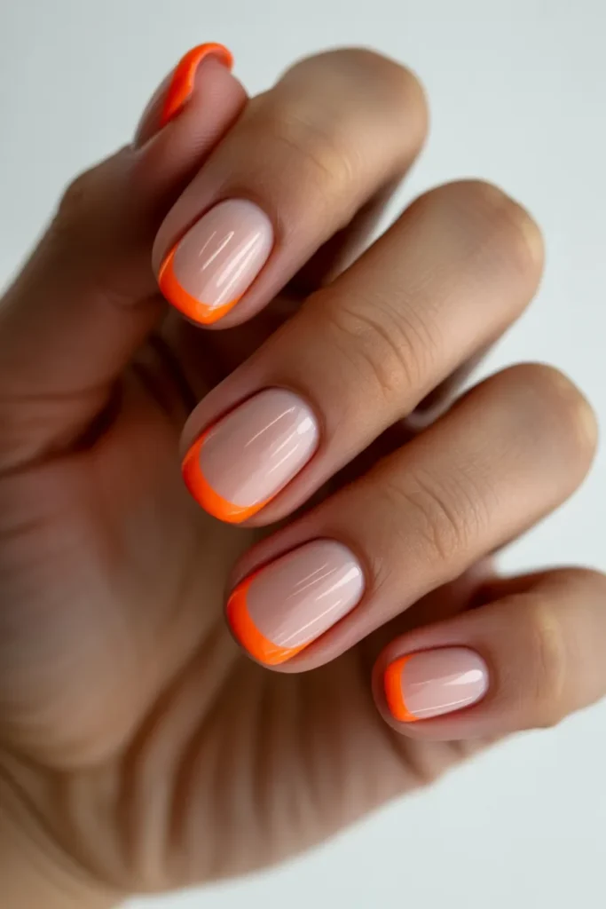 Nude nails with bright orange French tips