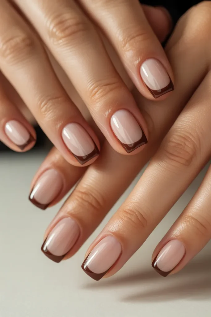 Nude nails with chocolate brown French tips, square shape