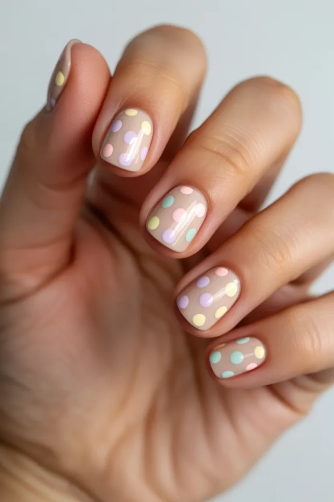 Nude nails with colorful pastel polka dots