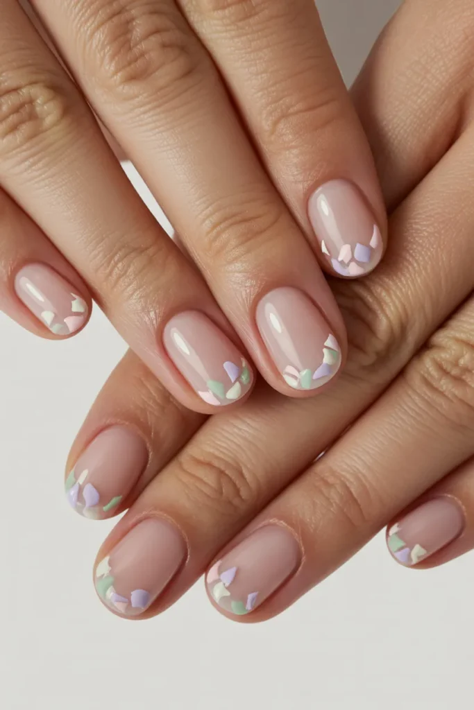 Nude nails with confetti only on the tips