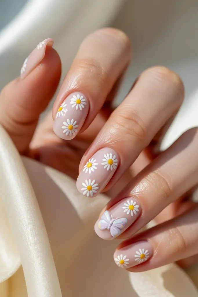 Nude nails with daisy flowers and small butterfly designs