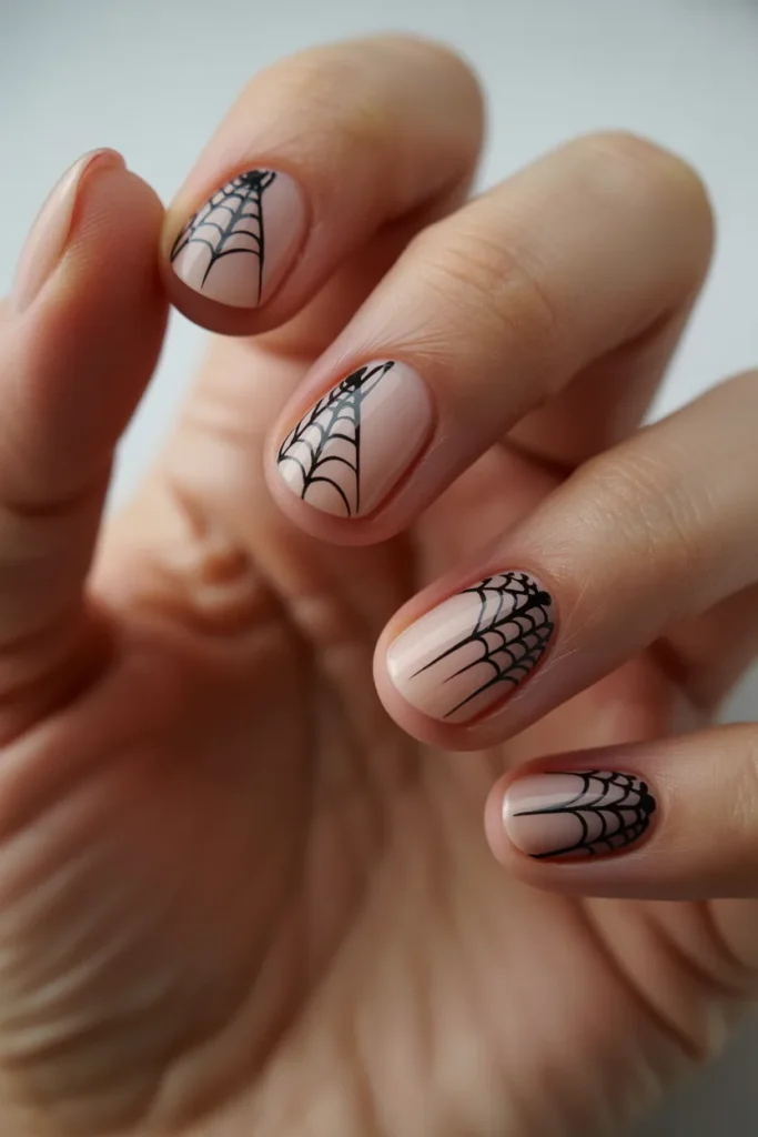 Nude nails with delicate black spider webs
