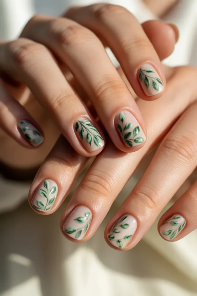 Nude nails with delicate green leaf patterns