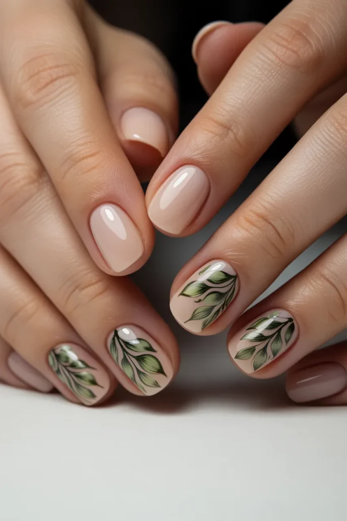  Nude nails with delicate green leaf patterns