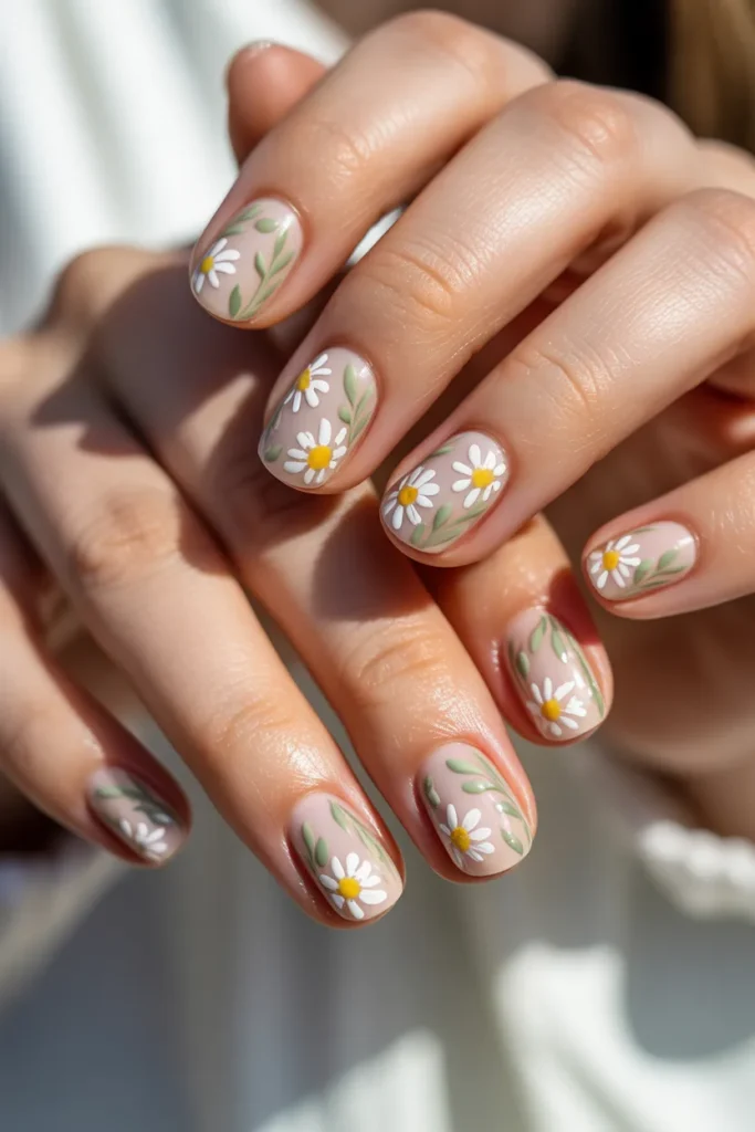 Nude nails with delicate hand-painted flowers
