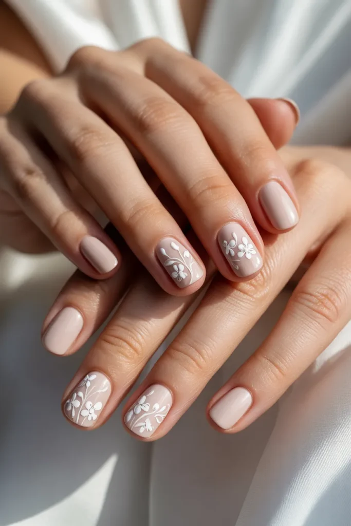 Nude nails with delicate white floral designs