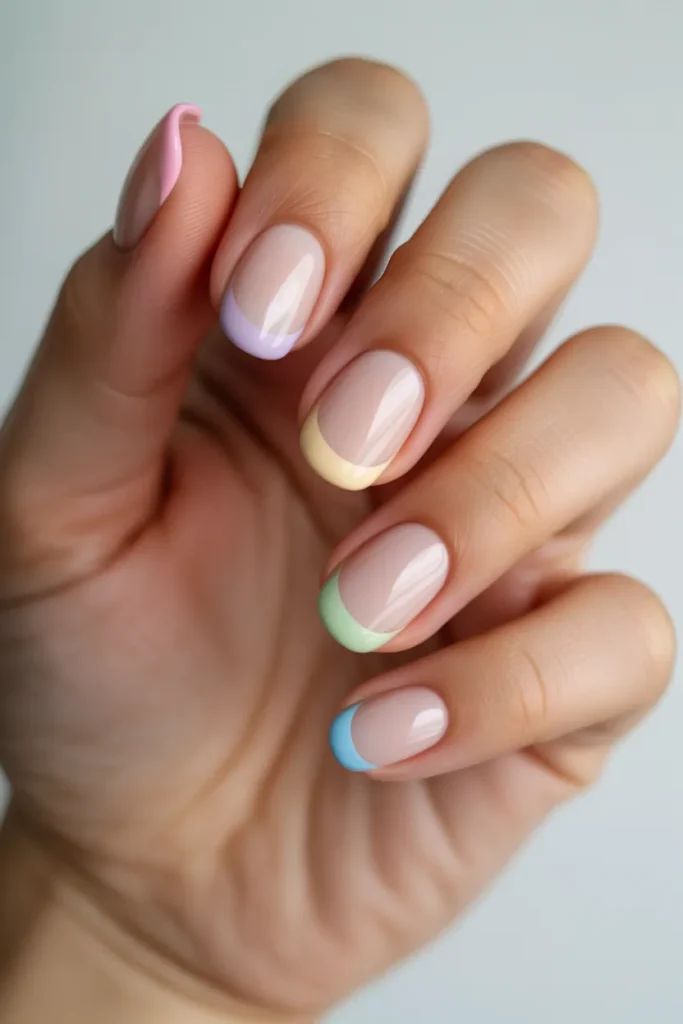 Nude nails with each tip painted in different pastel colors