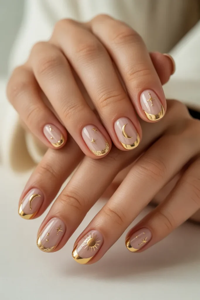 Nude nails with gold celestial French tips