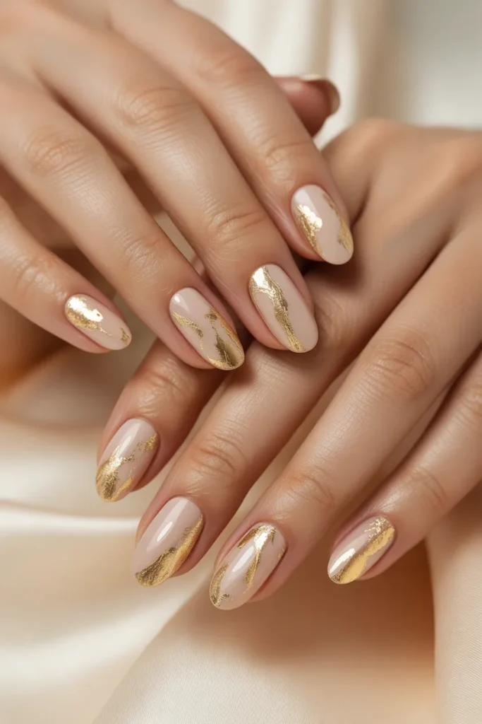 Nude nails with gold foil flakes