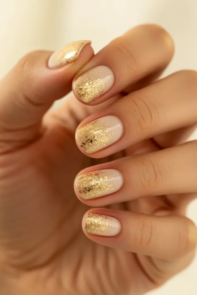 Nude nails with gold glitter resembling sand