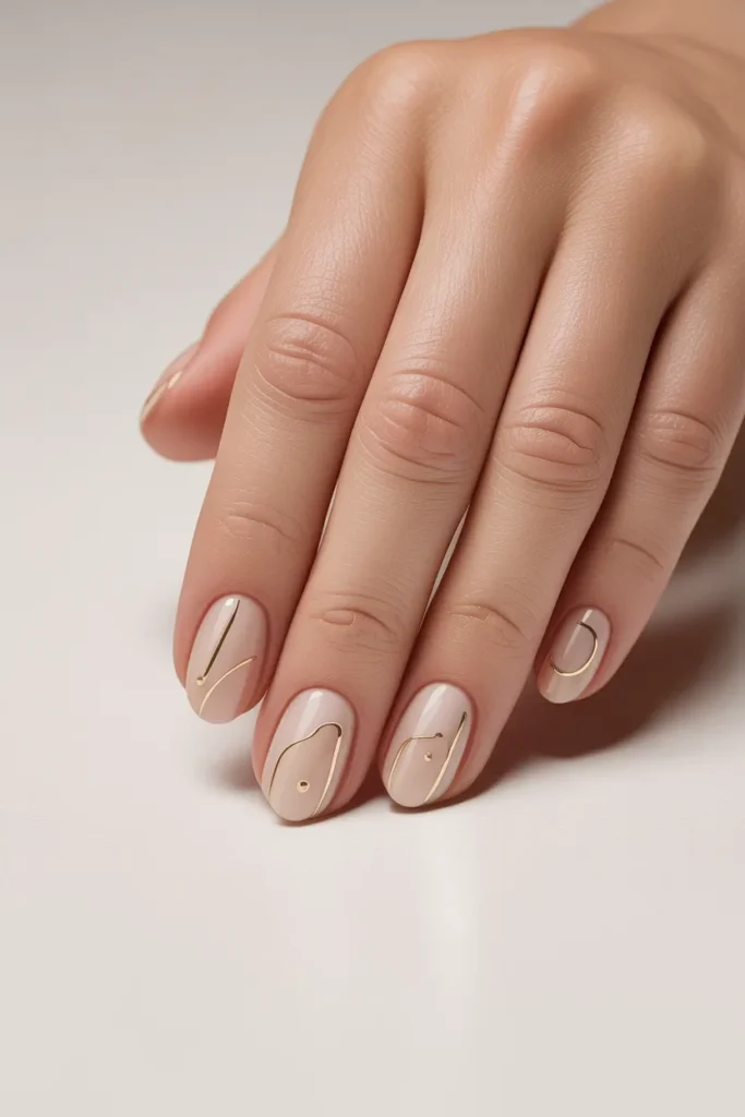 Nude nails with gold line art
