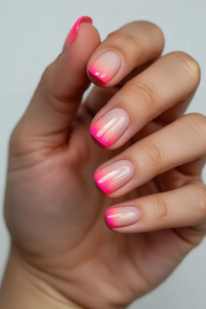 Nude nails with gradient neon pink tips