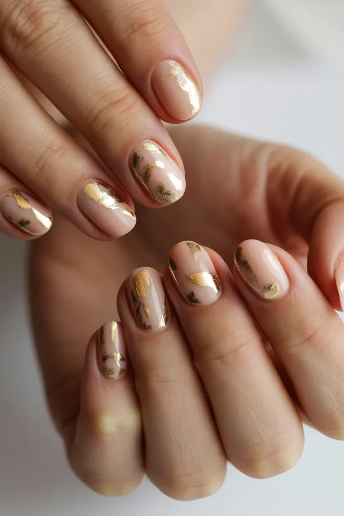 Nude nails with irregular gold foil flakes