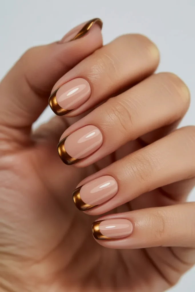 Nude nails with metallic brown tips