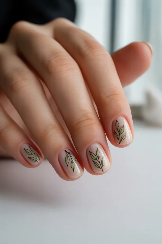 Nude nails with minimal green leaf designs