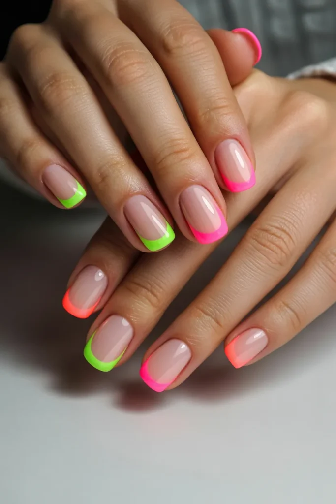 Nude nails with neon tips