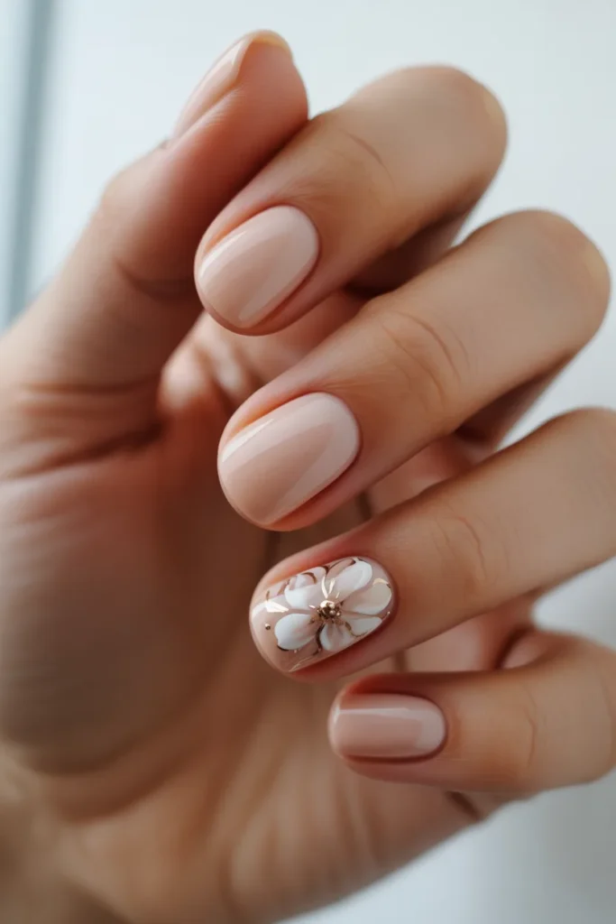 Nude nails with one floral accent nail on ring finger