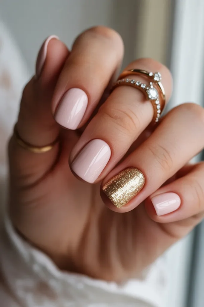 Nude nails with one glitter accent nail