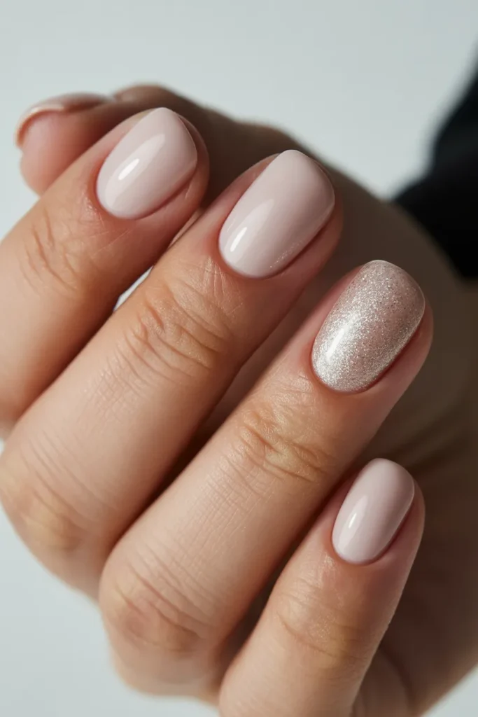 Nude nails with one glittery silver accent nail
