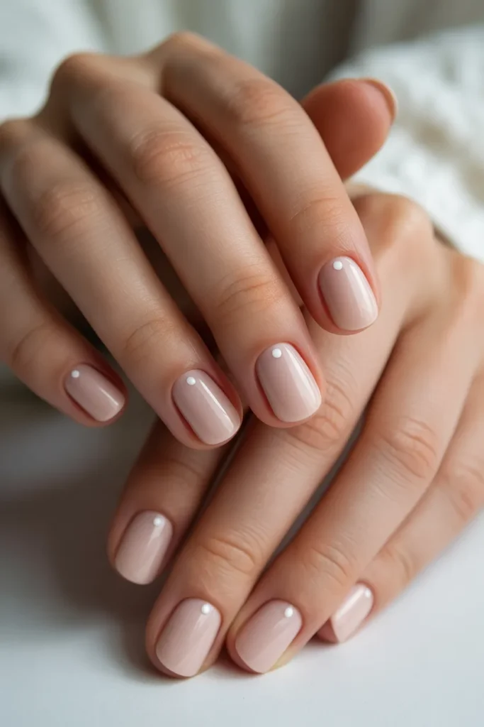 Nude nails with one tiny dot on each nail