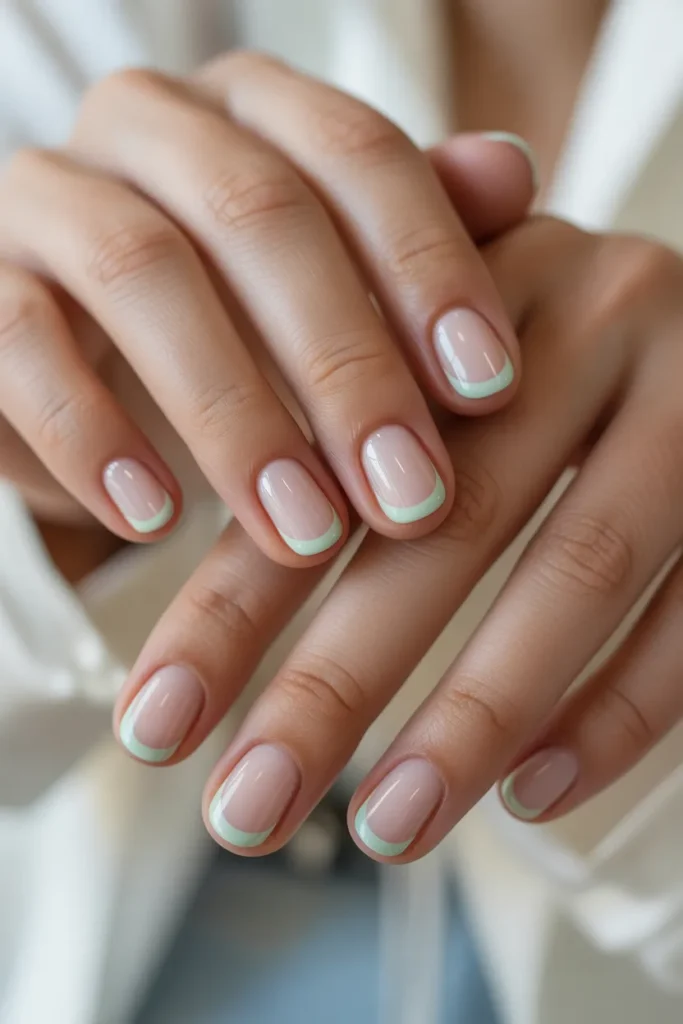 Nude nails with pastel green French tips