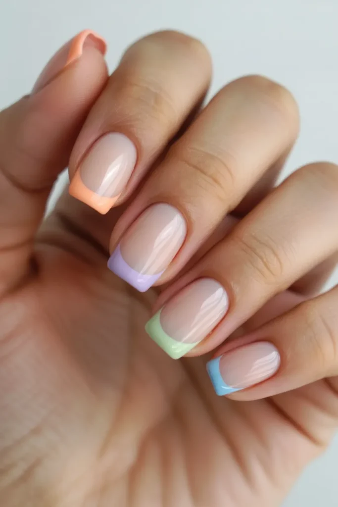 Nude nails with pastel rainbow French tips