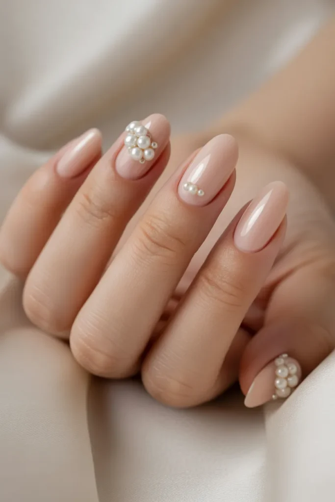 Nude nails with pearl embellishments