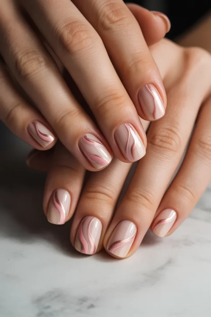 Nude nails with pink swirl patterns