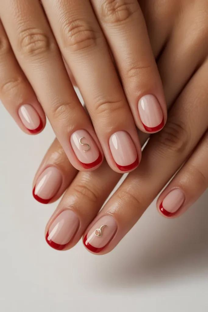 Nude nails with red French tips and tiny logo details