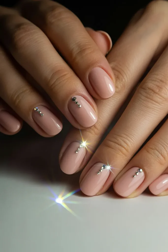 Nude nails with rhinestone accents