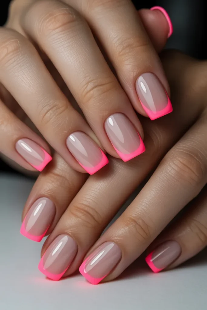 Nude nails with sharp neon pink French tips on square nails